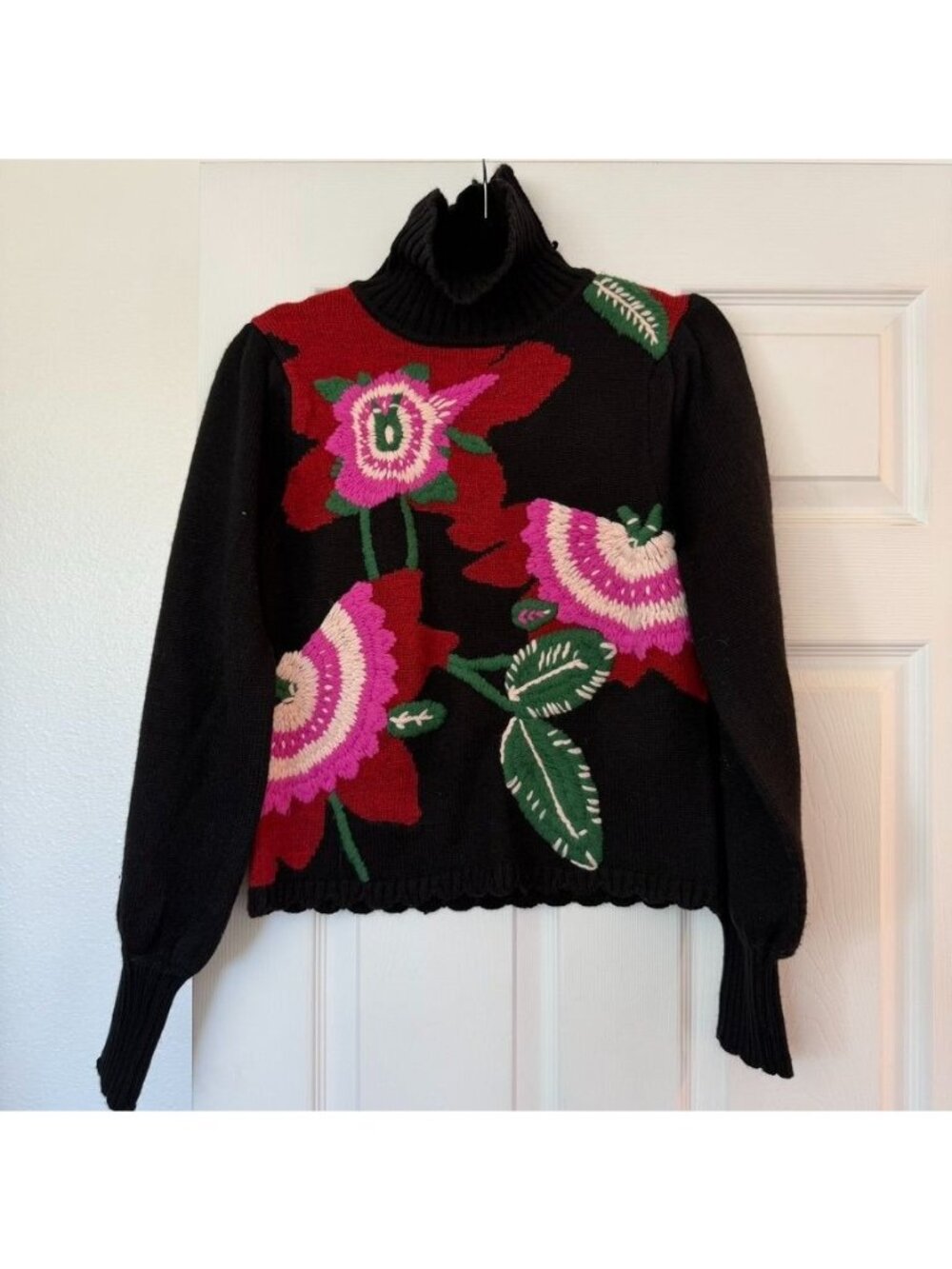 Farm Rio Embroidered Wool Blend Mock Neck Pullover Sweater Size XS